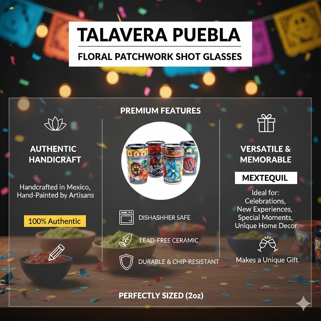 Talavera Lot de 4 verres à shot mexicains authentiques à tequila - Peints à la main - 60 ml (Talavera coloré)