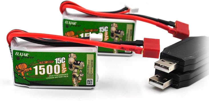 2-Pack 7.4V 1500mAh T-Head High-Rate Lithium Battery for WLTOYS A959-B A969-B A979-B K929-B 144001 12401 9200 9200E 300E YC200 HM123 1/10, 1/12, 1/16 RC High-Speed Off-Road Vehicle Spare Battery