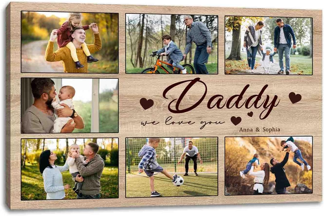 FOTRIC Custom Gifts for Dad Personalized Daddy Photo Canvas Wall Art Father's Day Gifts for Dad From Daughter,Son,wife,7 Photo Collage Picture Wall Art Framed Ready to Hang, Best Father Home Decor