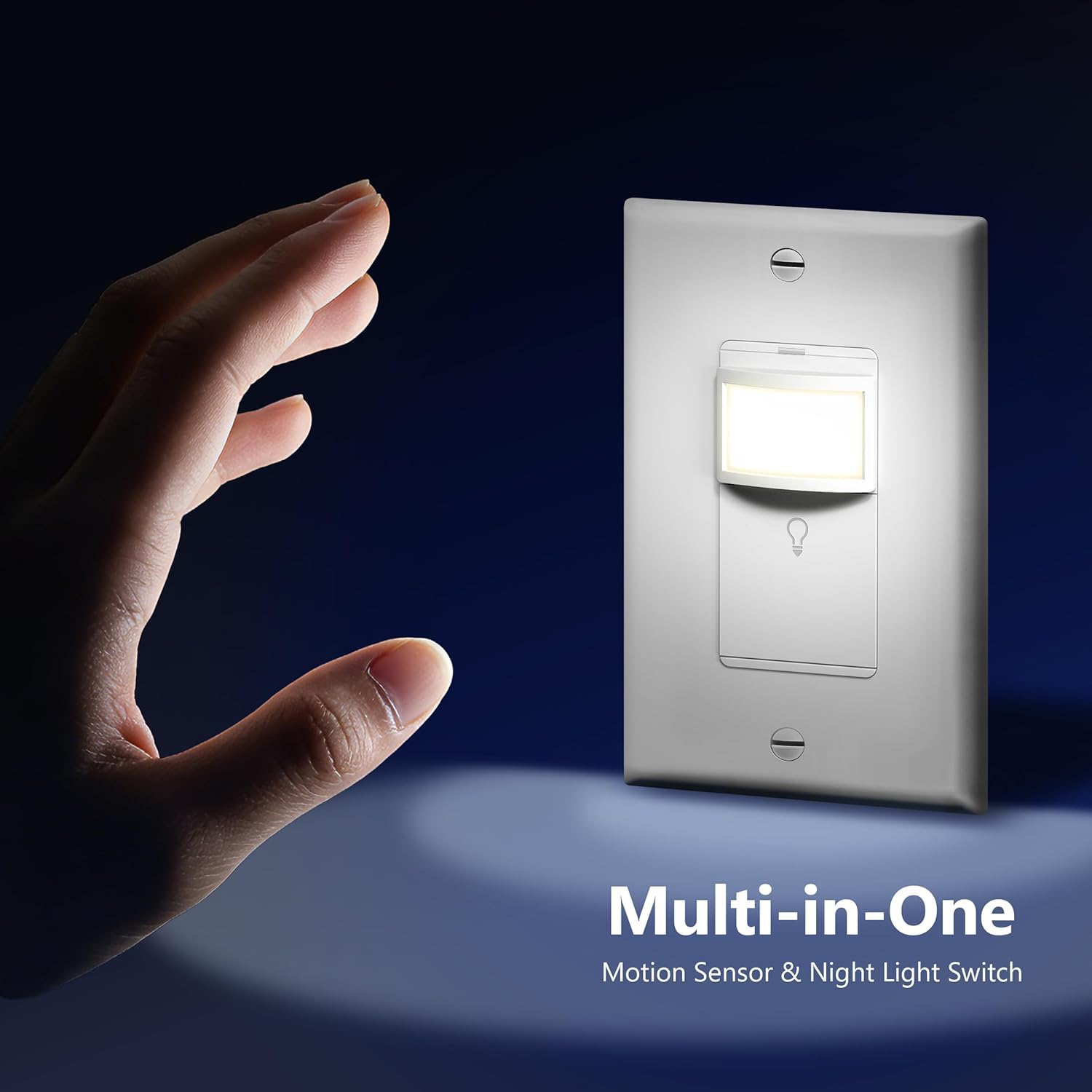 LIDER PIR - Interruptor de sensor de movimiento de vacante con luz guía LED, cobertura de 1200 pies cuadrados, sin neutro, sin tierra, retardo de tiempo ajustable, certificación UL, placa de pared