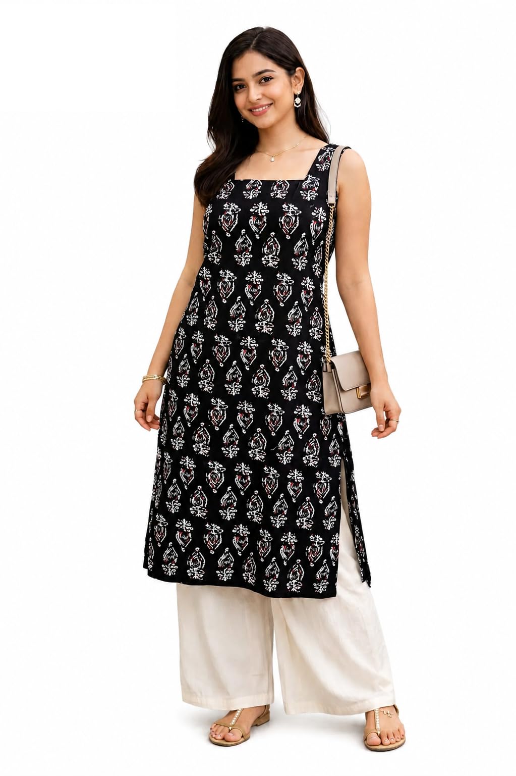 Women Printed Pure Cotton Straight Kurta | Sleeveless Ethnic Floral Printed Kurti for Women | Casual Office Wear & Festive Kurta for Ladies (Black)-image-24
