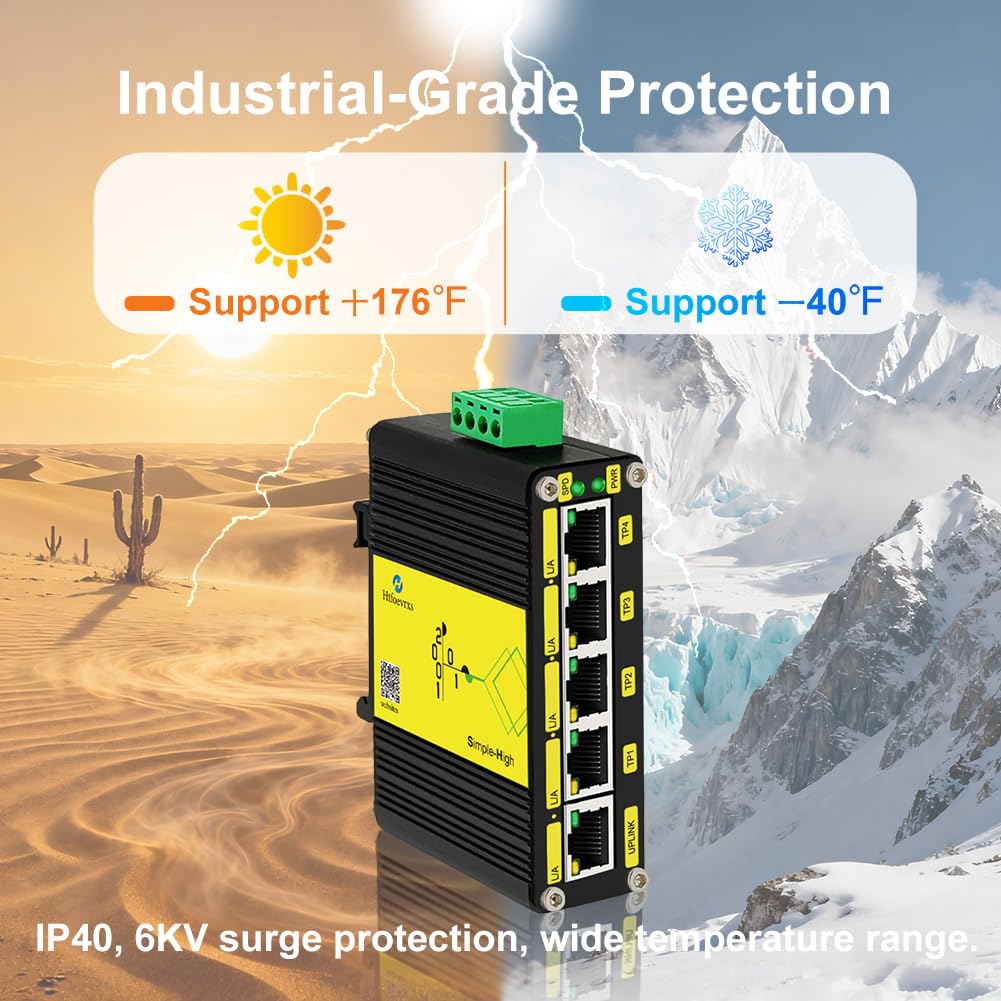 Htfoevrxs Switch Gigabit industriale a 5 porte, ingresso DC12-48V, 10/100/1000Mbps, guida DIN e IP40 a parete, monitoraggio della sicurezza/comunicazione/trasmissione dati