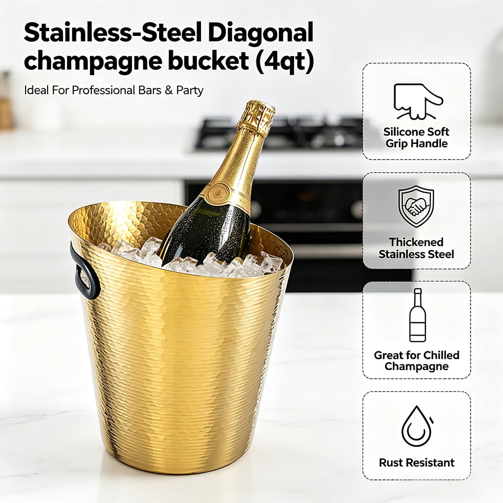 Cubo de champán de acero inoxidable con pinzas para hielo, tina de bebidas de acero inoxidable, cubo de hielo diagonal con asa para bar de cócteles, vino, accesorios de bar en casa, fiestas, 4 cuartos