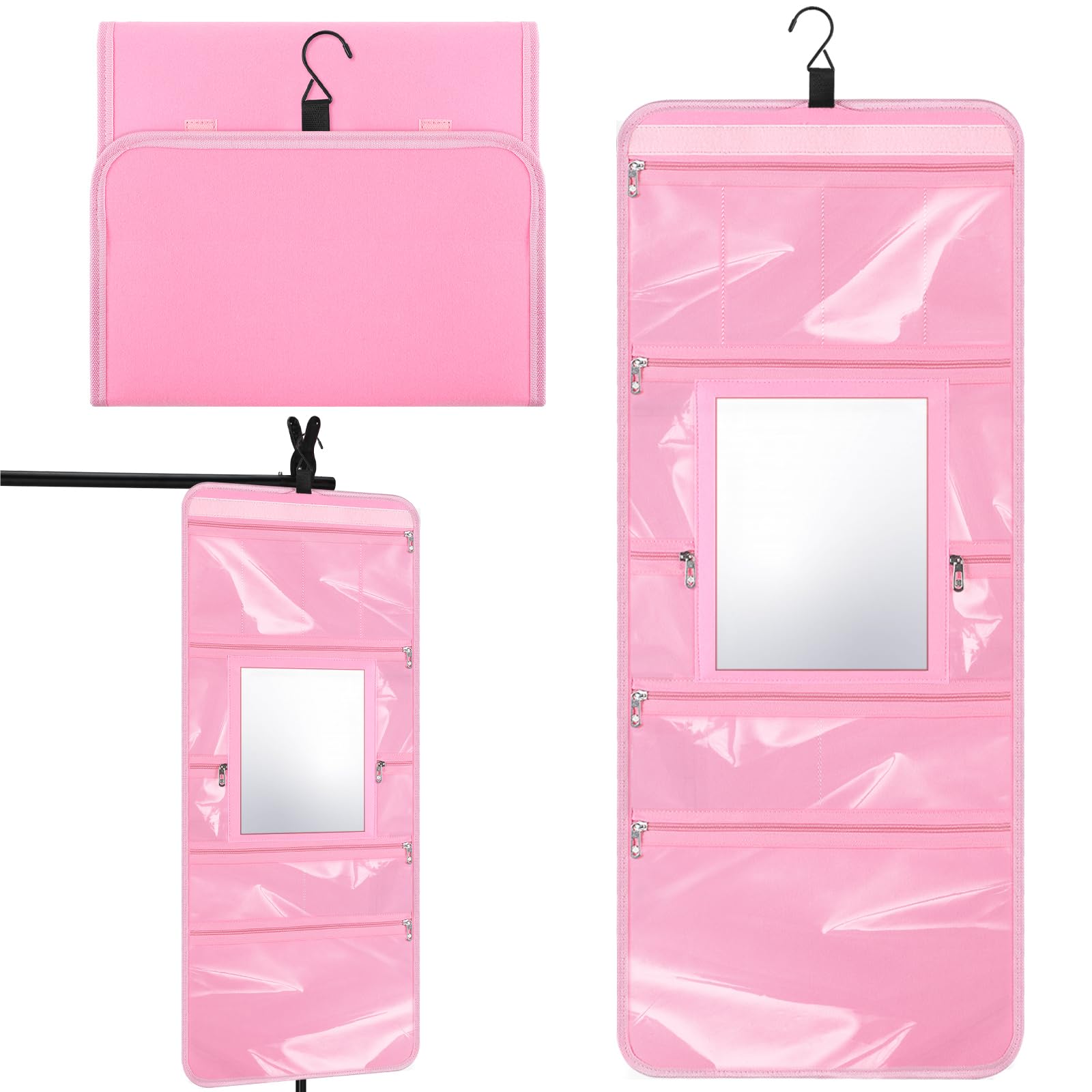 SilTriangle Hanging Toiletry Bag with Mirror for Men Women Travel Kit Large Foldable Beauty Dance Makeup Bag Organizer Storage Waterproof Roll up