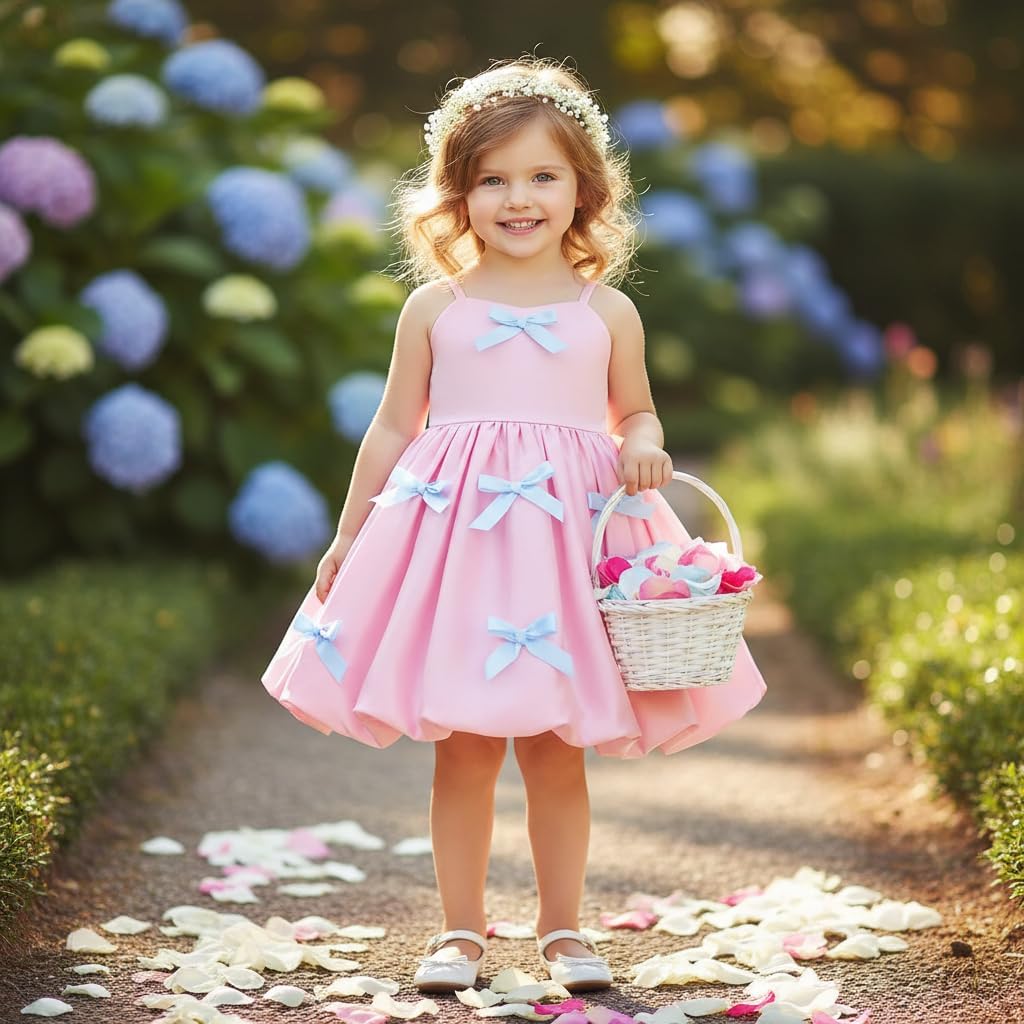 IDOPIP Toddler Girls Pink Bow Birthday Dress Bubble-Hem Princess Flower Girl Wedding Pageant Formal Party Dresses Photo Shoot