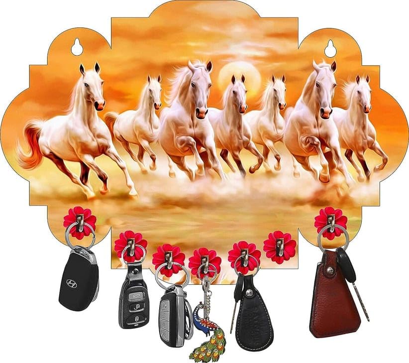 7 Running White Horses Wooden Key Holder for Wall | Vastu Lucky Horse Wall Decor with 7 Metal Hooks | MDF Decorative Key Hanger for Home Entrance, Living Room & Office-image-11