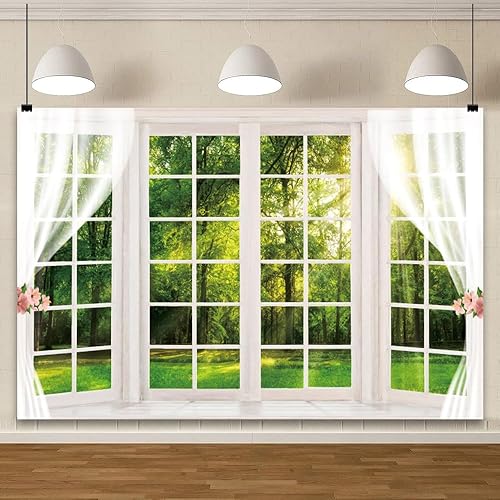 Miniatura 9 de YongFoto Telón de fondo de ventana de primavera de 5 x 3 pies, girasol amarillo, valla de madera rústica, campo, jardín, naturaleza, paisaje, niña,