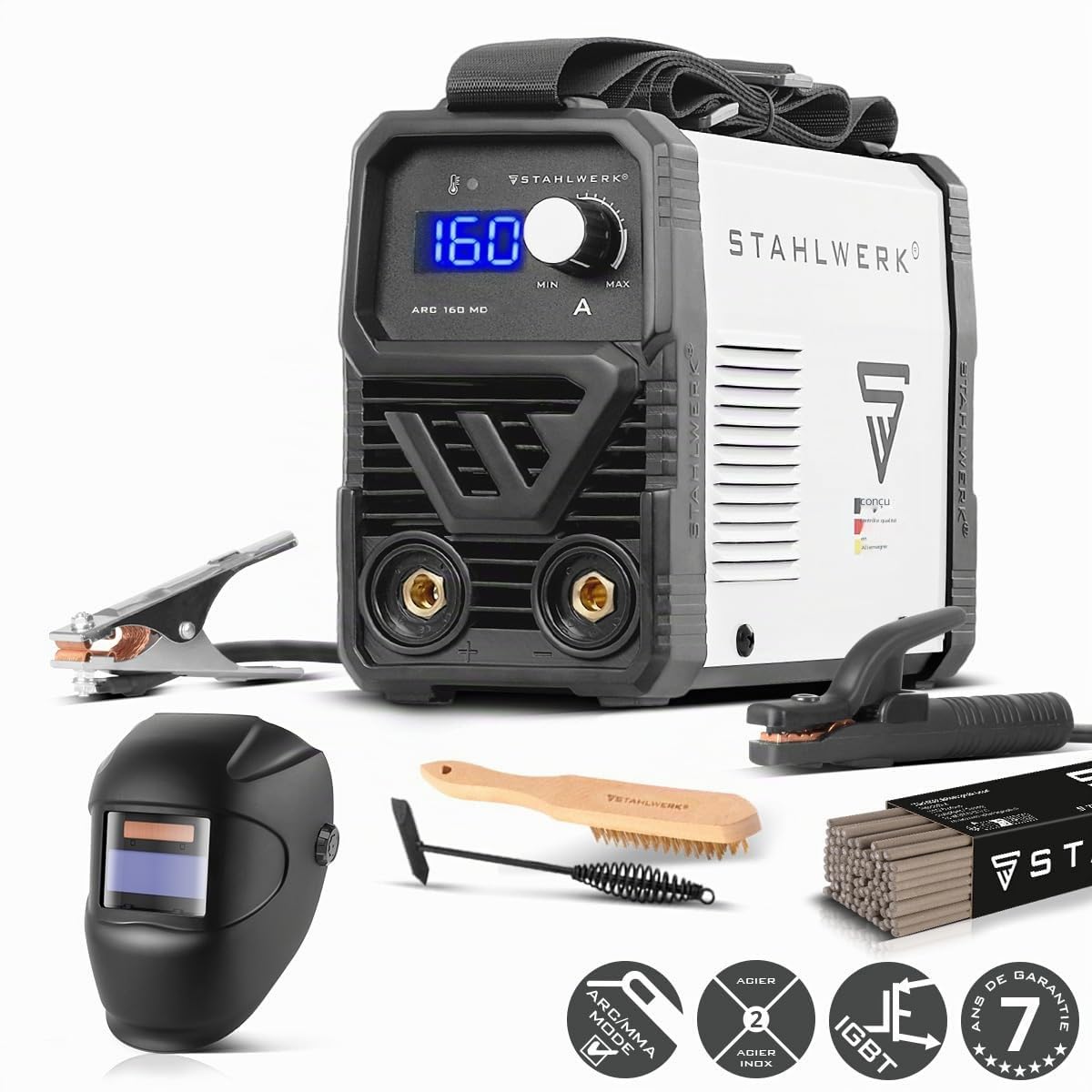 STAHLWERK Poste à souder à l'électrode ARC 160 MD – Kit complet – MMA jusqu'à 160 A, utilisation flexible sans gaz, compact & léger, évolutif TIG DC, Hotstart, Anti-Stick, Smart Cooling