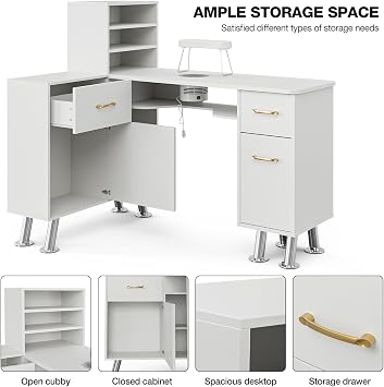 Paddie L-Shaped Manicure Table Nail Station with Shelves, Nail Tech Table Nail Table Station w/Dust Collector, Storage Cabinets, Drawers, Metal Handles & Legs(White)