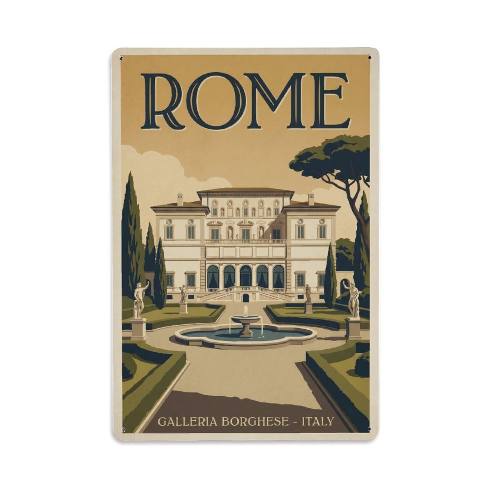 Vintage Travel Rome Galleria Borghese Art Museum Villa Italy Metal Tin Sign Plaque Wall Decor for Cafe, Club Bar, Office, Home Garden Metal Poster 8x12Inch