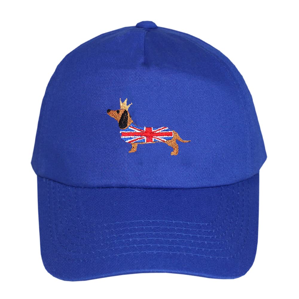 TeddyT's Kid's Dachshund Sausage Dog Union Jack Coronation Baseball Cap Hat (Royal Blue)