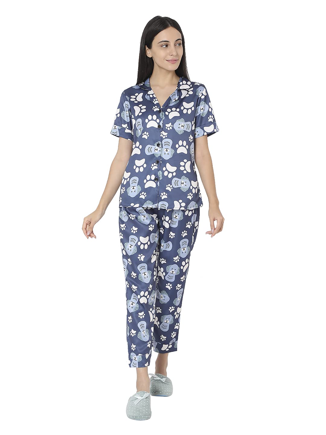 Smarty PantsWomen's Silk Satin Blue Color Dog & paw Print Night Suit.