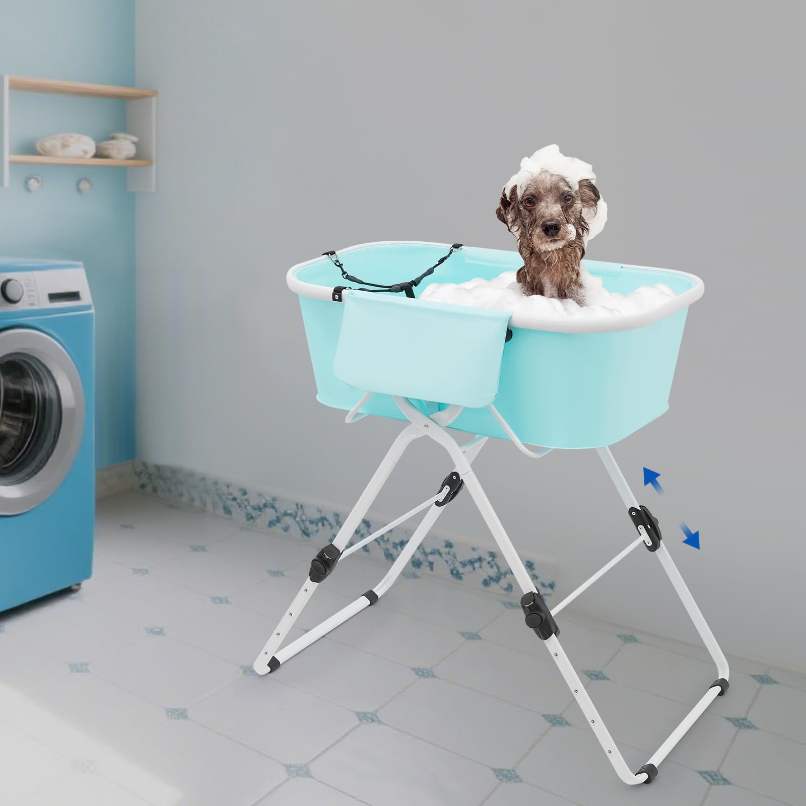 Bañera plegable para perros, bañera elevada portátil para mascotas, bandeja de aseo de altura ajustable con desagüe para perros y gatos pequeños y medianos (azul)