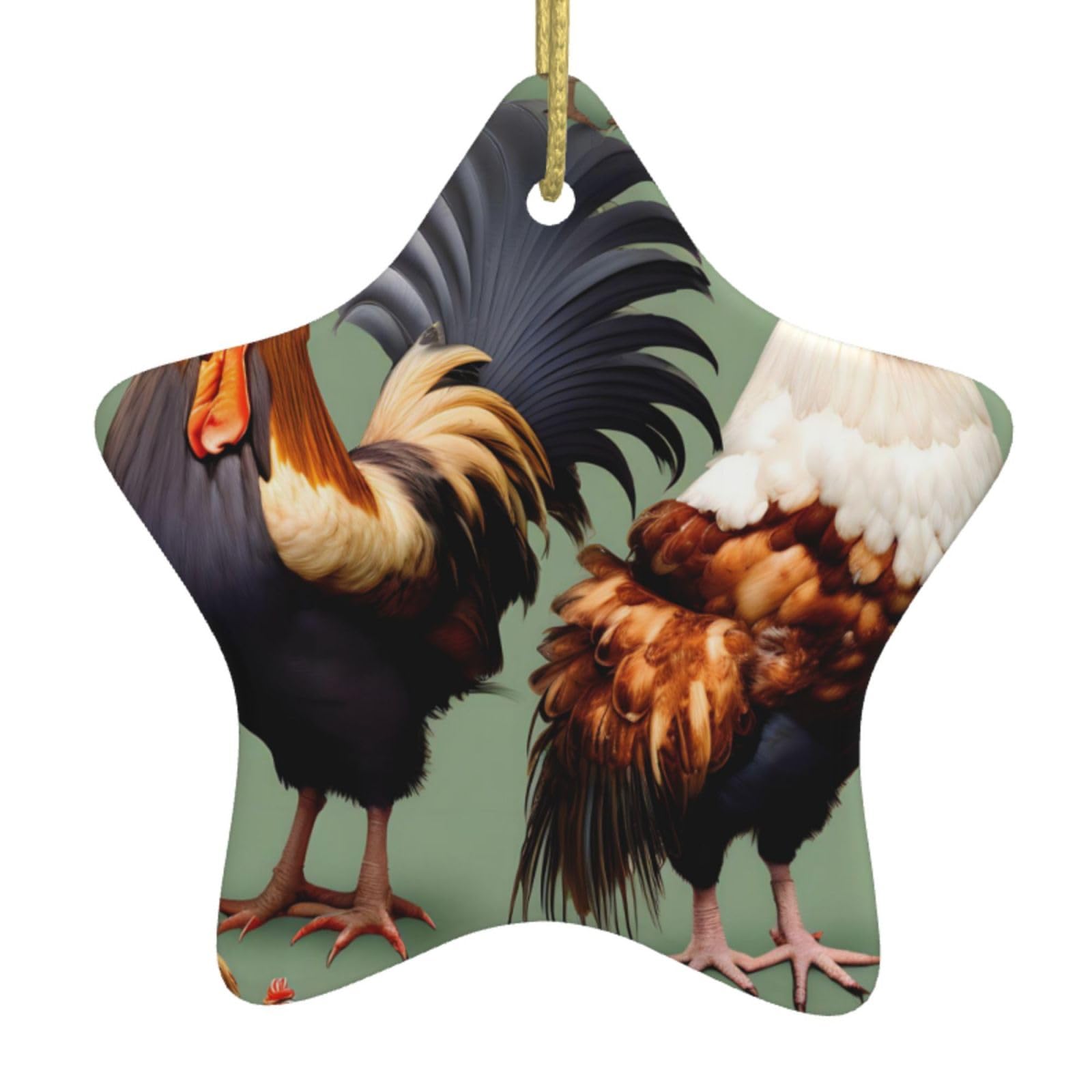 Rooster and Chicken Christmas Ceramic Star Pendant with Punched Holes and Gold Wire Rope, Christmas Tree Home Decoration