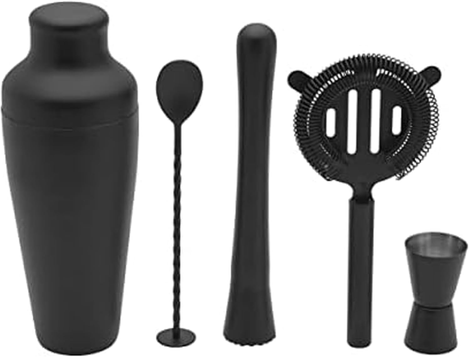 Houdini Noir 5 Piece Bar Tool Set - Stainless Steel Cocktail Shaker, Jigger, Strainer, Muddler and Mixing Spoon with Sleek Black Finish for Home Bar