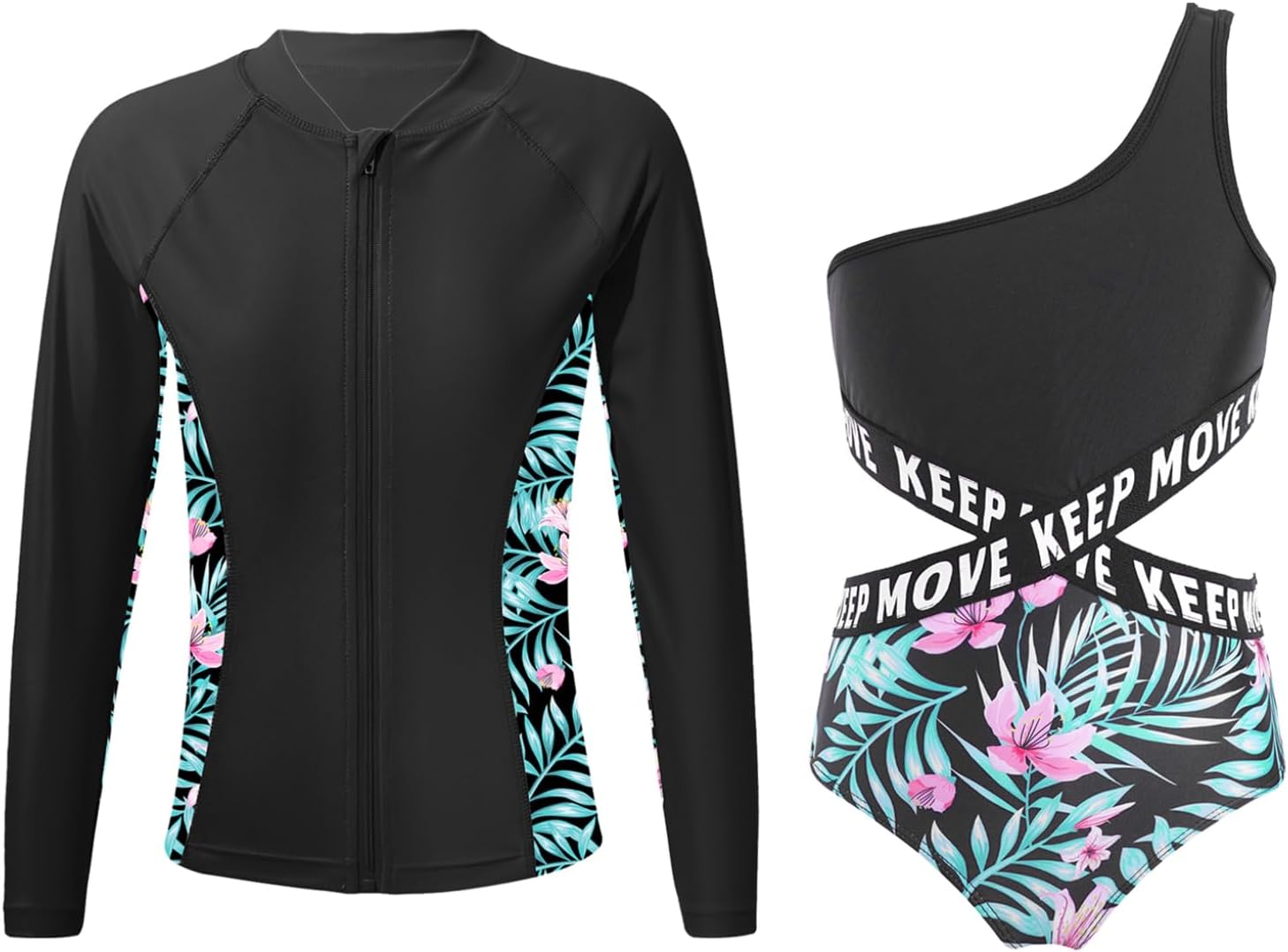 Hansber Flower Girls Sleeveless Printed Swimming Jumpsuit with Shirts 2 Pcs Rash Guard Swimwear Set