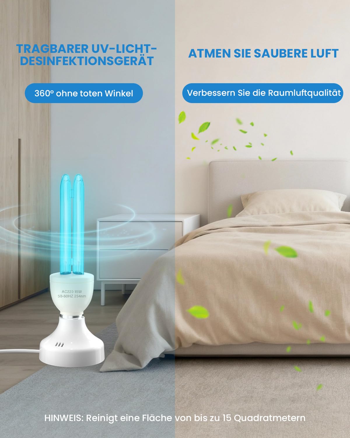15W Lampe Desinfektion Ozon Licht mit Fernbedienung Timer Keimtötende Lampe Duale Sterilisation und Desinfektion AC220-240V Perfekt für Küche, Schlafzimmer, Wohnzimmer, Beseitigt Keime
