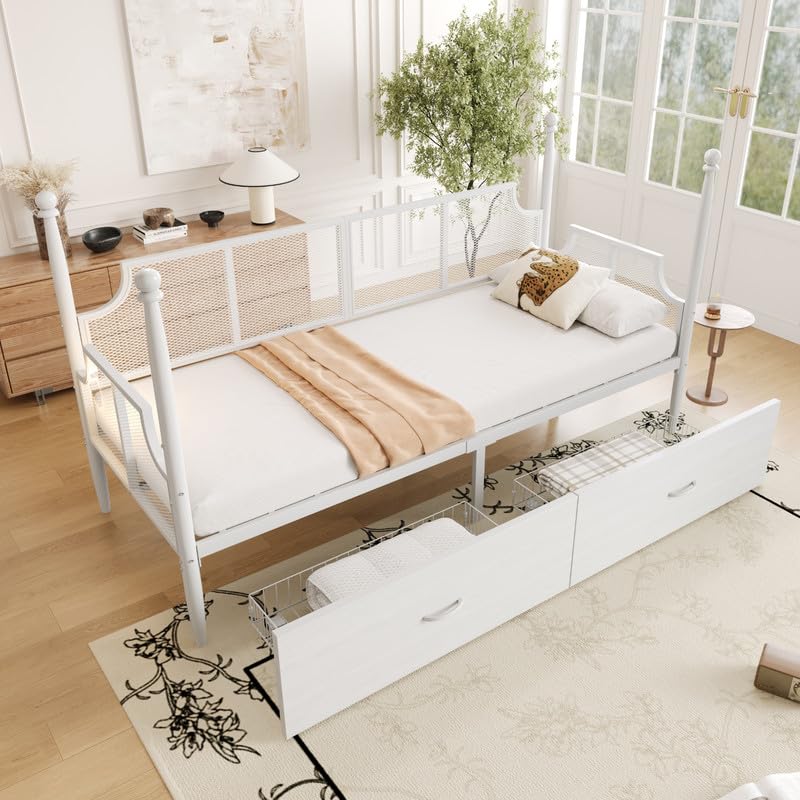 SCHGKOY Sofá cama de hierro, 90 x 200 cm, estantes, cajones, cama individual de hierro, cama juvenil (blanco)