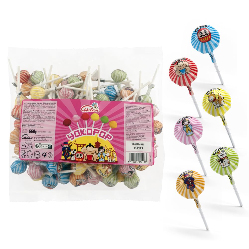 Caramelos Cerdán Mini YokoPop con Palo Sabores Variados Bolsa 100 Unidades Sin Gluten
