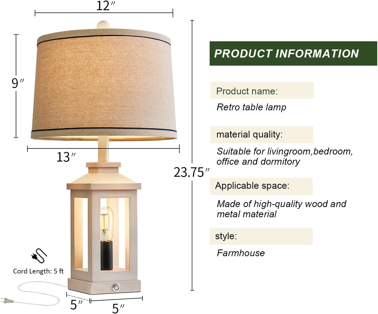 G-SAFAVA 23.75" Retro Farmhouse USB C+A Ports Table Lamp Set of 2 with 3 Way Dimmable Touch Control White Nightlight Vintage Modern Lamp for Living Room Bedroom with 2 Light Sources