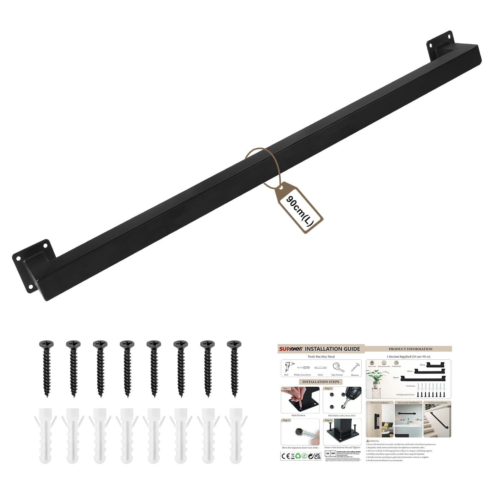 Pasamanos de 90 cm para Escaleras, Negro Pasamanos de pared en tubo cuadrado, Barandilla interior/exterior para escaleras, balcones o barandillas o pomos de puerta
