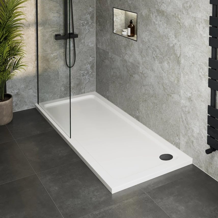 Hydrolux® 1700 x 700 x 45mm White Bathroom Low Profile Shower Tray for Enclosures Cubicles & Wet Room with Black Waste, Rectangular — image 1