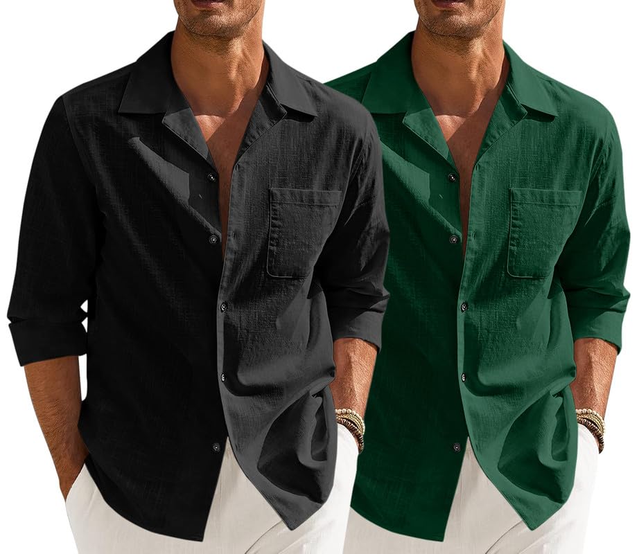 Image of Combo of Men's Casual Cotton Blend Shirt || Long Sleeve Button Down with Spread Collar | Lightweight Breathable Fabric | Stylish Solid Shirt for Beach, Office & Everyday Wear Pack of 2