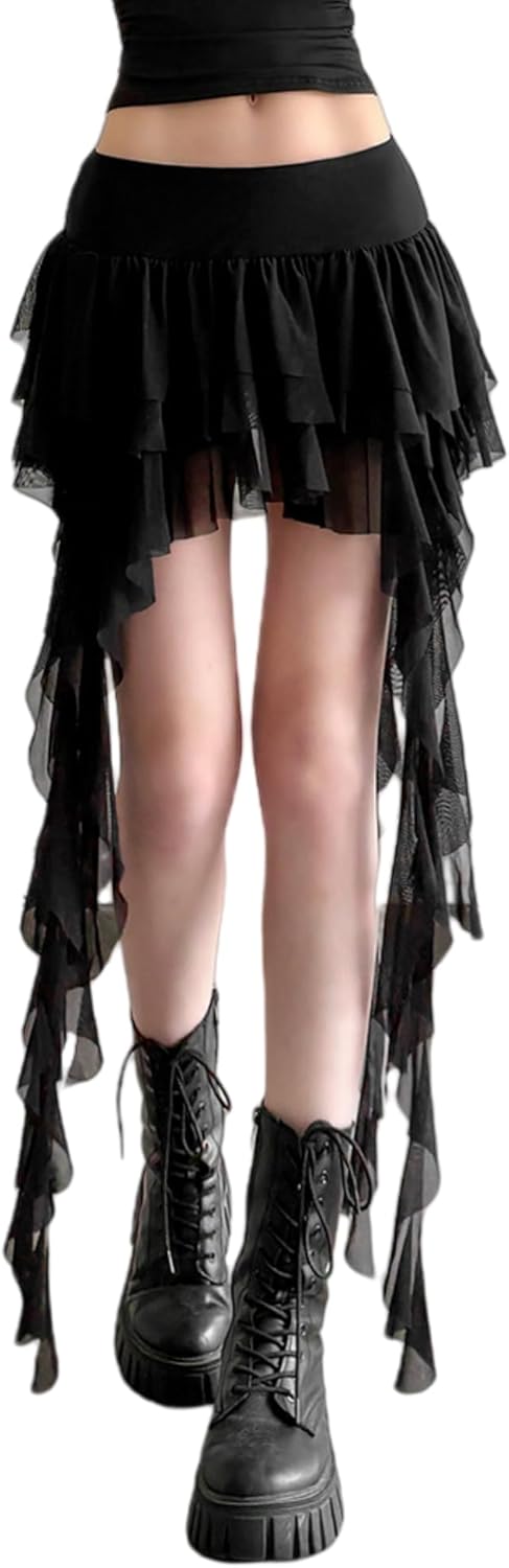 Women's Lace Mesh Tassels Tiered Mini Skirts Y2K Punk Asymmetrical Hem Ruffle Layered Club Rave Skirt with Shorts