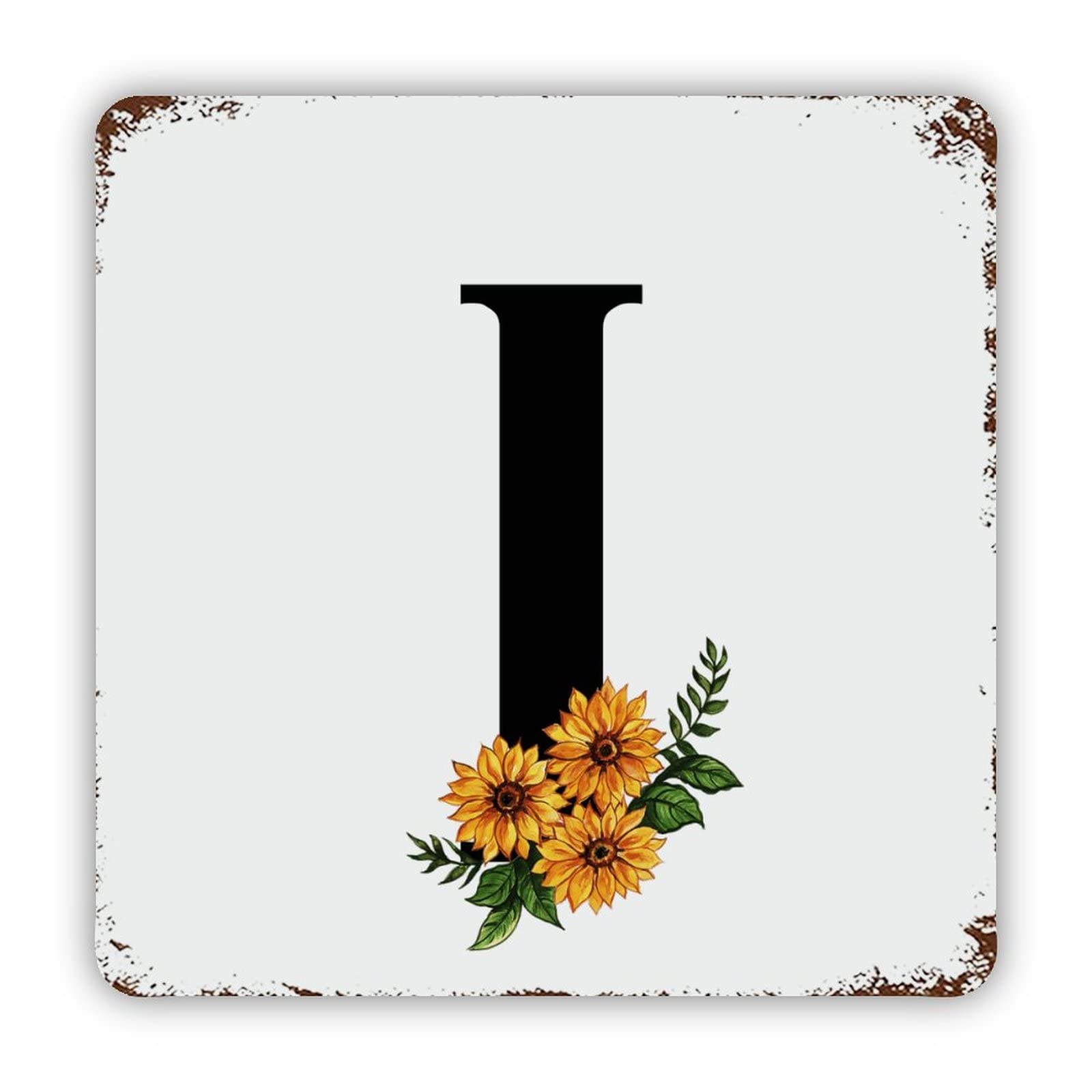 ENEDNATE Farmhouse Rustic Aluminum Sign Sunflower Black Monogram Initial Letter I Metal Sign Retro Aluminum Tin Sign for Kitchen Bedroom Living Room Wall Art Door Hanger Home Decor Sign 12x12 Inch