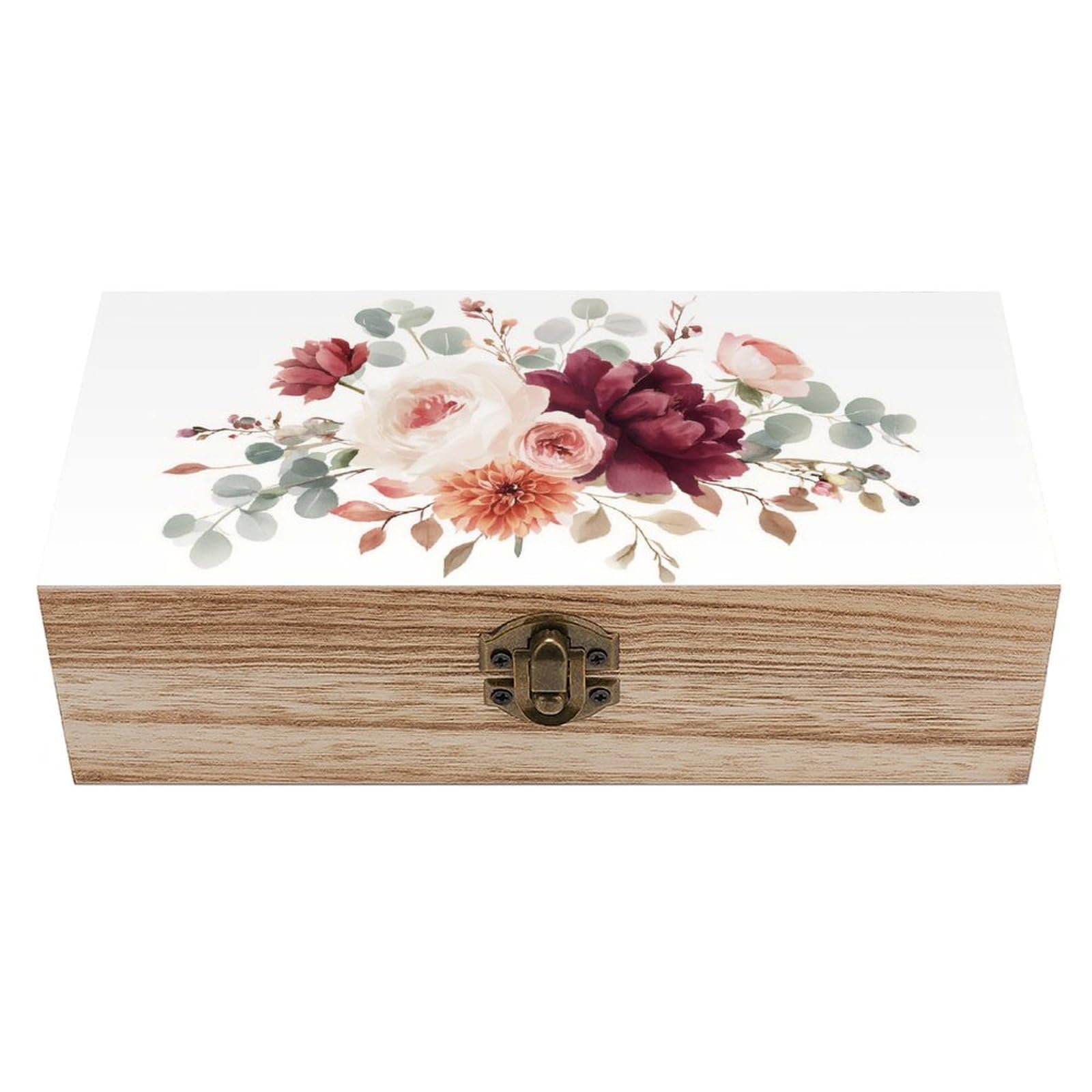Jubonexis Burgundy Peonies Orange Dahlias Rose Wooden Storage Box with Hinged Lid And Front Clasp Large Keepsake Box