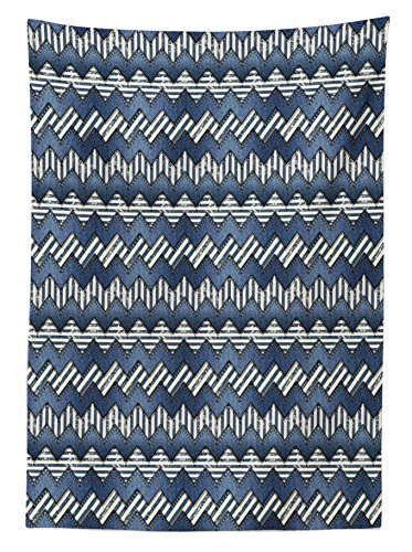 Lunarable Nautical Outdoor Tablecloth Patchwork of Denim Nautical Style Stitch Stripes Jeans Zigzag Chevron Decorative