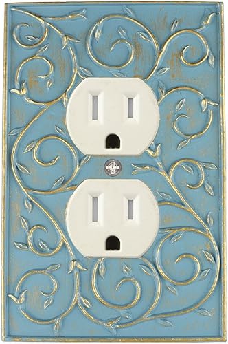 Meriville Tapa de enchufe de pared con volutas francesas, cubierta de enchufe eléctrico de pared pintada a mano, para enchufe simple o doble, Azul