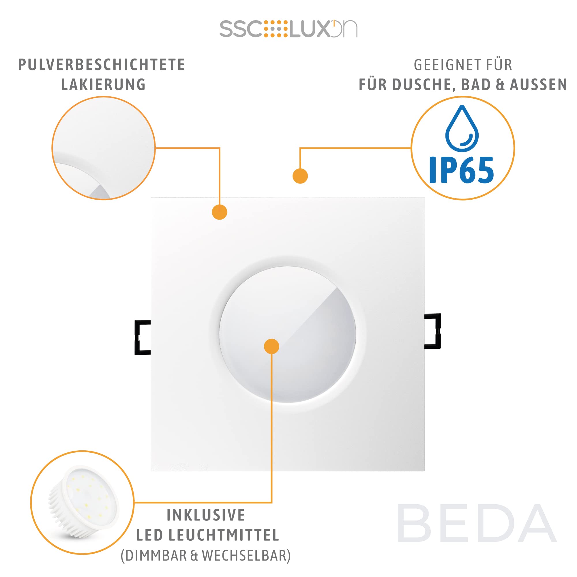 SSC-LUXon BEDA Einbaustrahler 6er Set weiß eckig IP65 GU10 2W warmweiß | Sechs flache Einbauspots IP65 weiß eckig - warmweiß, für Bad, Dusche & Flur, spritzwassergeschützt, wechselbares GU10 LED