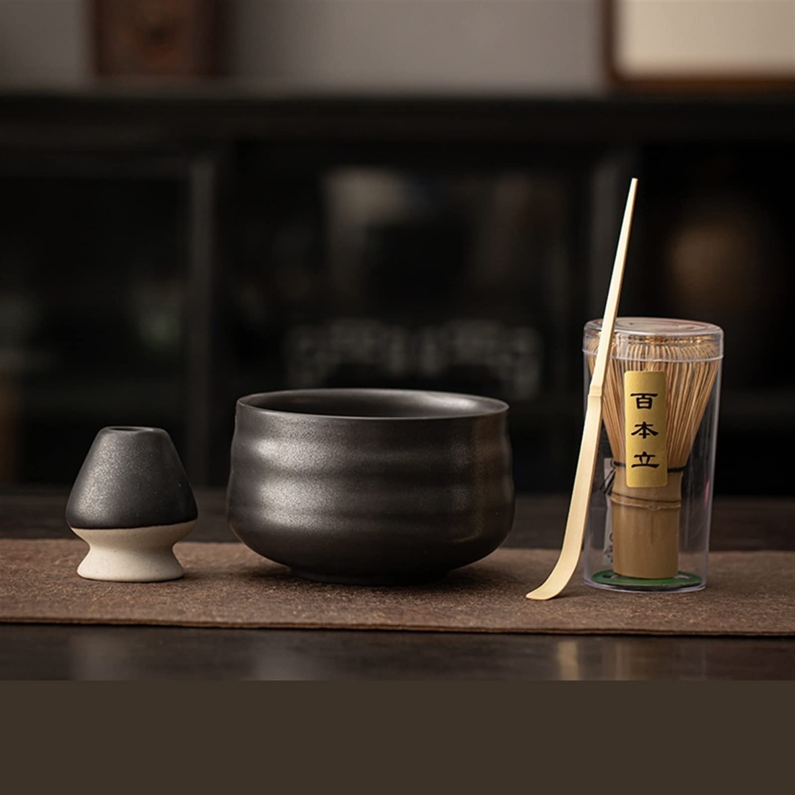 Japanisches Matcha-Besen-Set mit 4-teiligem Matcha-Besen-Set, Besenhalter, Teelöffel und Zubehör – Komplettes Matcha-Teezeremonie-Set für zu Hause (Grau-Schwarz)
