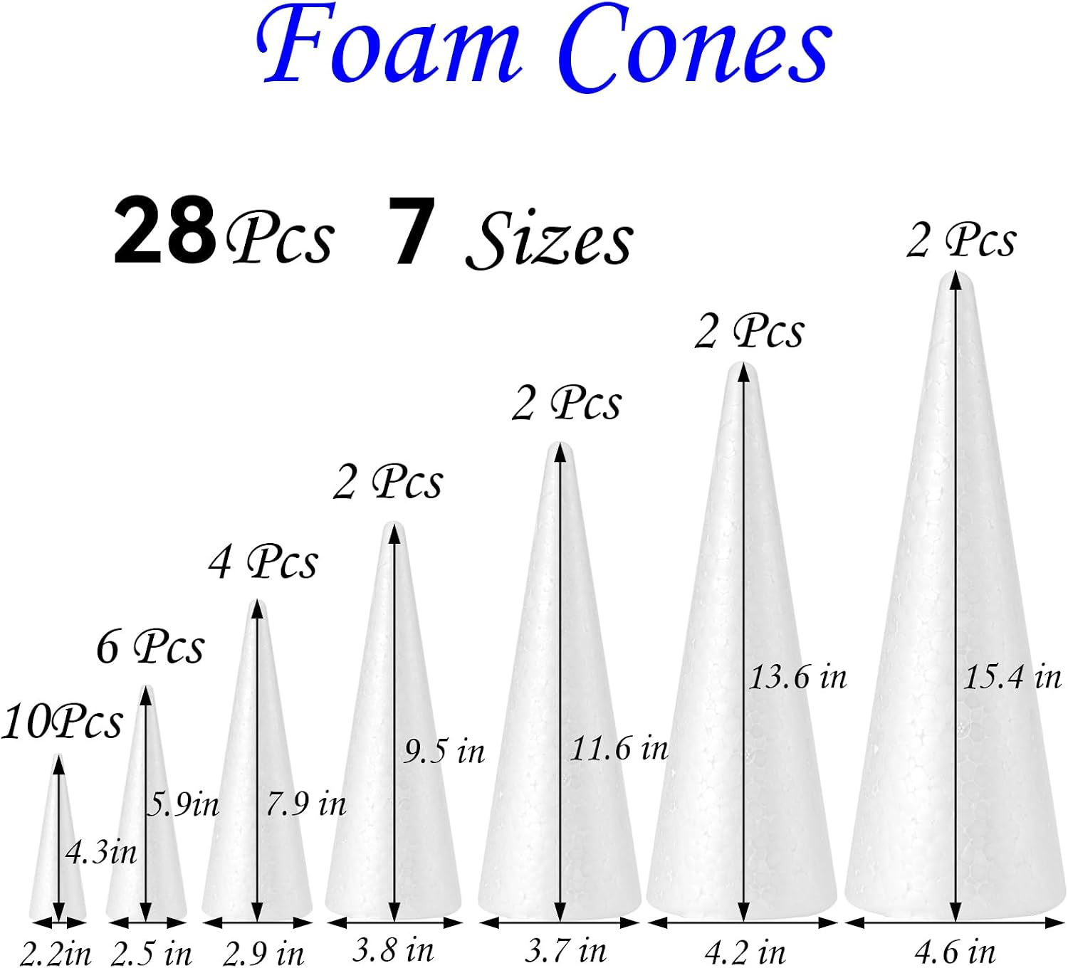 YURN Craft 28 Pack 7 Sizes Craft Foam Cones for DIY Project (4-16in)