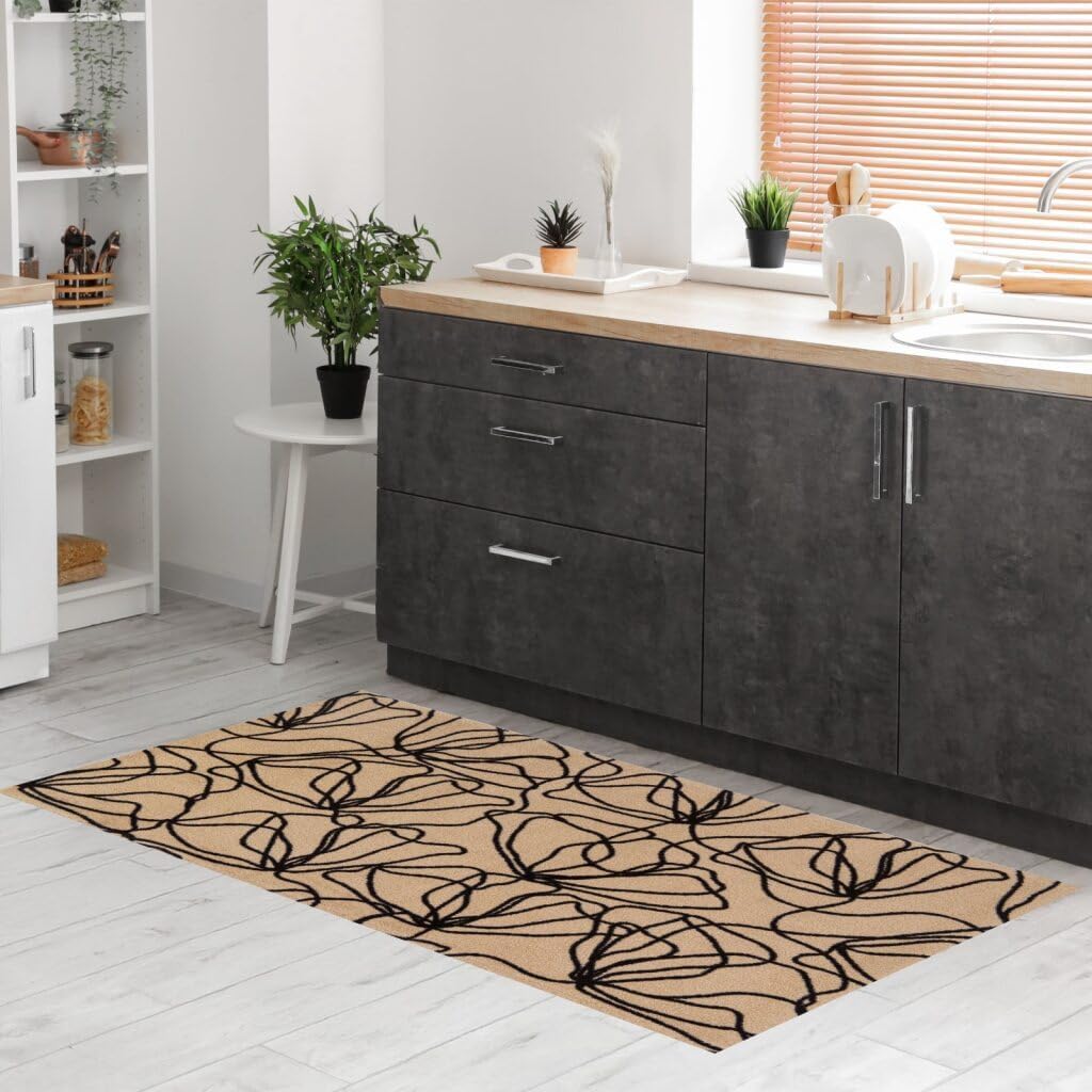 Wash + Dry Poppies Black One-Piece Washable Rug with Rubber Backing, Large Door Mat for Entryway, Kitchen, Bathroom, Non-Slip Indoor Doormat, Washable Floor Mat, Tan and Black, 27.5" x 47"