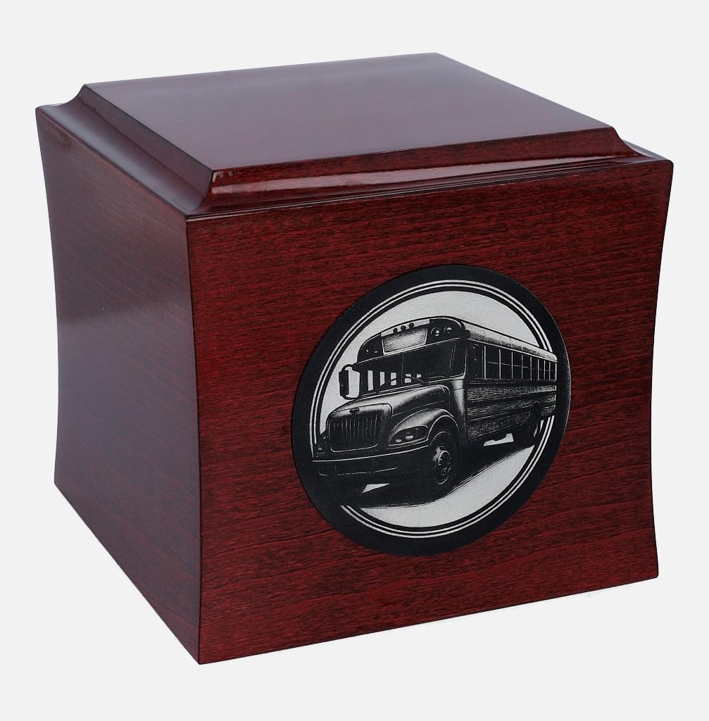 Bus Driver Tribute Urn – Elegant Mahogany Wooden Cremation Urn with Bus Engraving, Custom Nameplate Included, Memorial Ashes Box (Design 1 / Plaque)