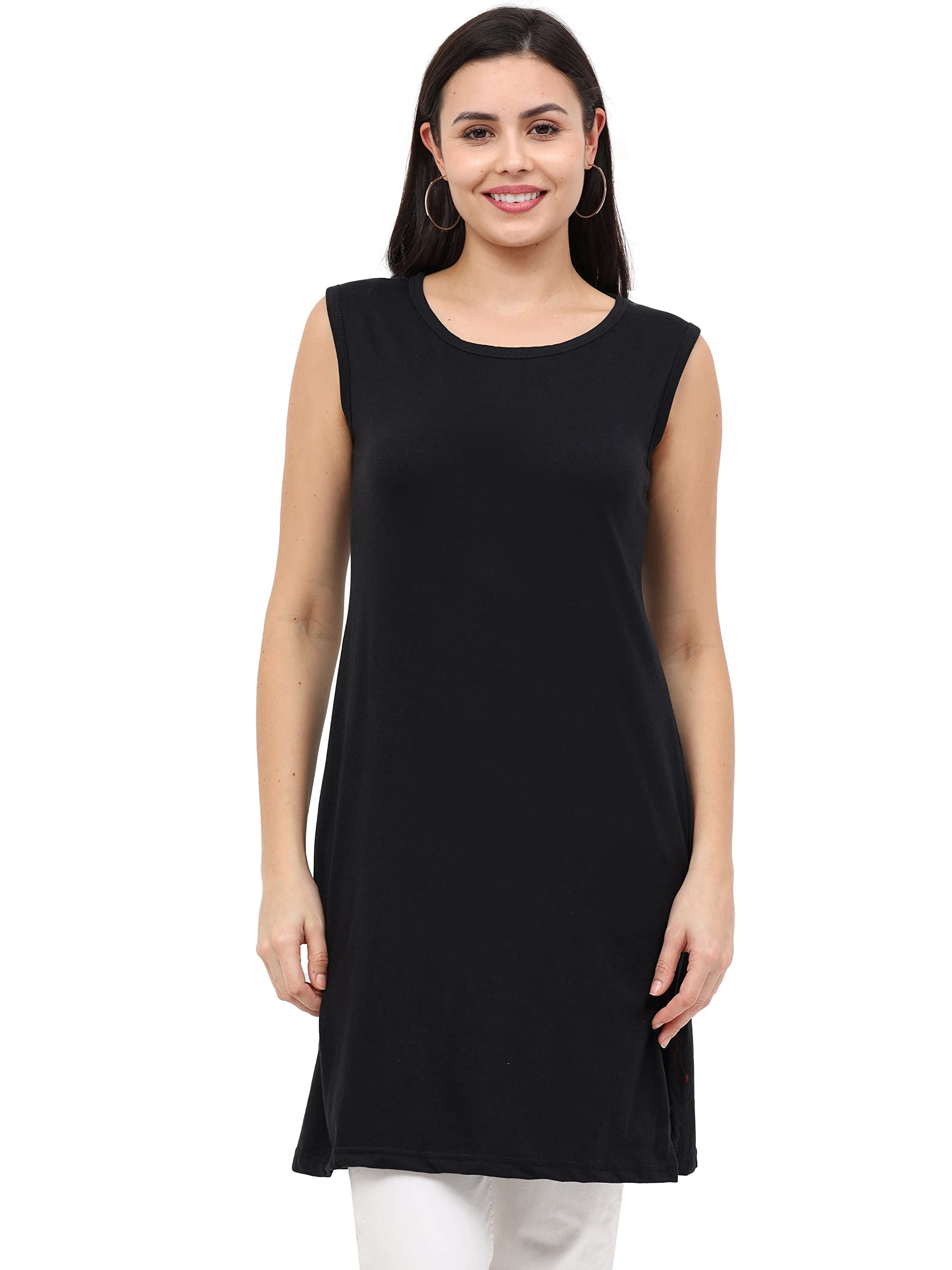 fleximaa Women's Cotton Plain Round Neck Sleeveless Long Top-picture-38