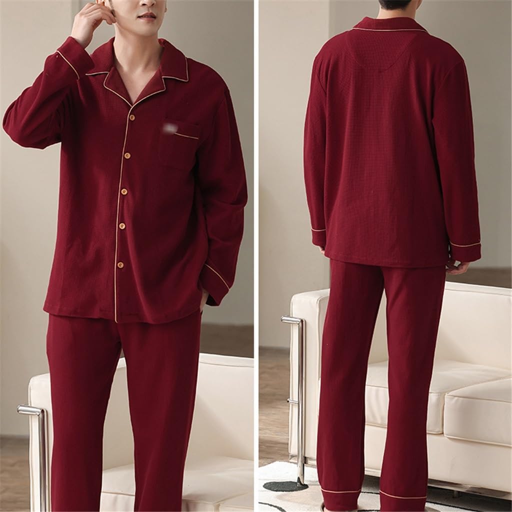 Pajamas Men's Autumn Cotton Long-sleeved Can Be Worn Outside Loungewear Wine Red Two-piece Suit