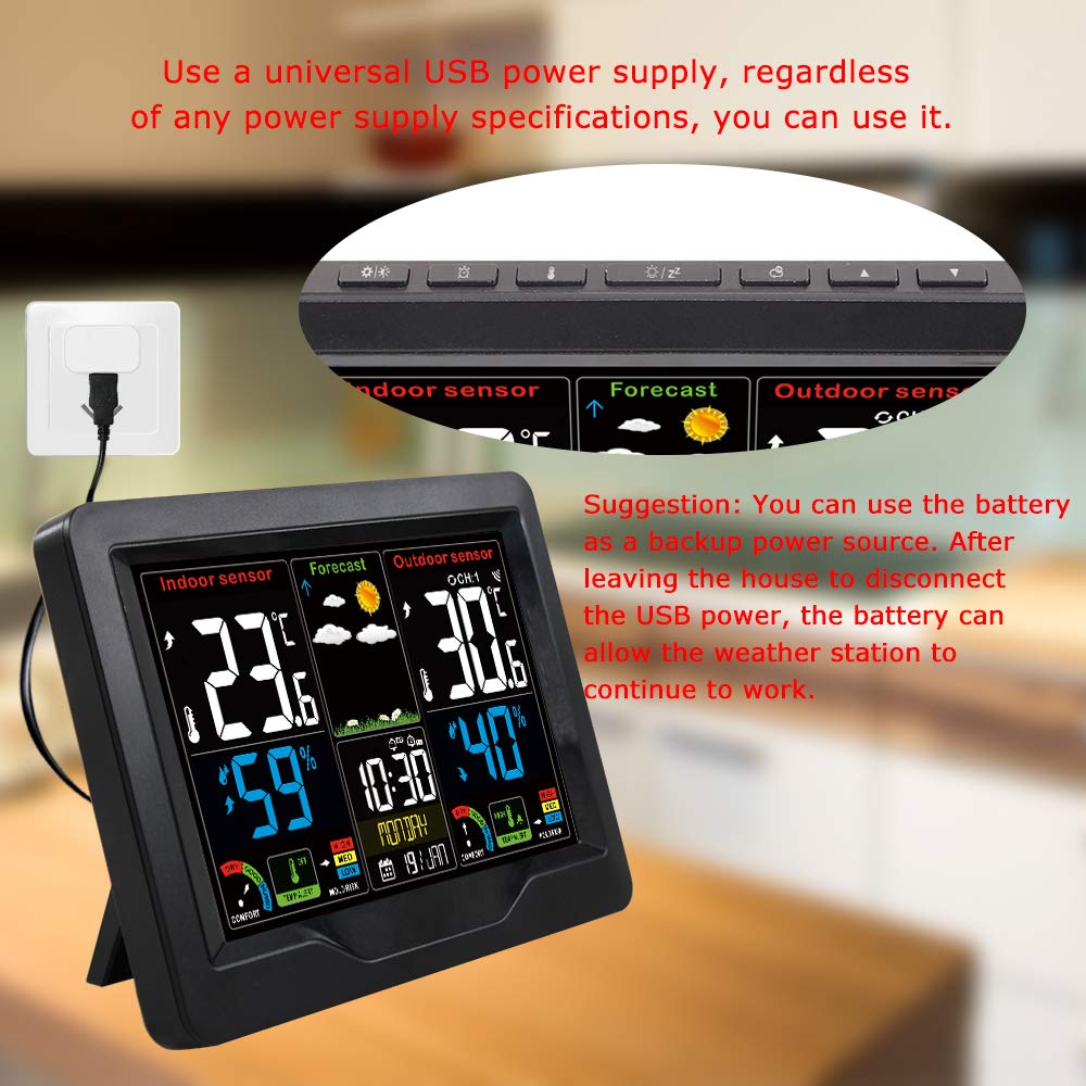 Stacja pogodowa Cyfrowa termometr Higrometr Indoor Temperatura zewnętrzna Miernik wilgotności LCD Wyświetlacz kolorowy wyświetlacz czujnika(3pcs sensors)