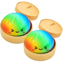 2pcs Rainbow Bao Dumpling Squishy Set Fidget Supplies Birthday Gifts for Women Men Squishy Supplies Rainbow for Adults Home Office Friends Soft and Cute Bao Dumpling Supply with Steamer Box