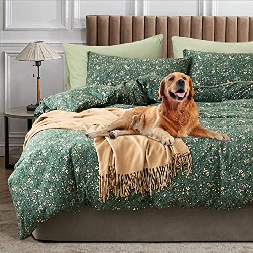 Floral Dark Green Duvet Cover Set King Jersey Knit Cotton Duvet Cover Forest Green Bedding Set Yellow Flower Botanical Duvet Cover Olive Green Comforter Cover Vintage Chic Quilt Cover, 2 Pillowcases
