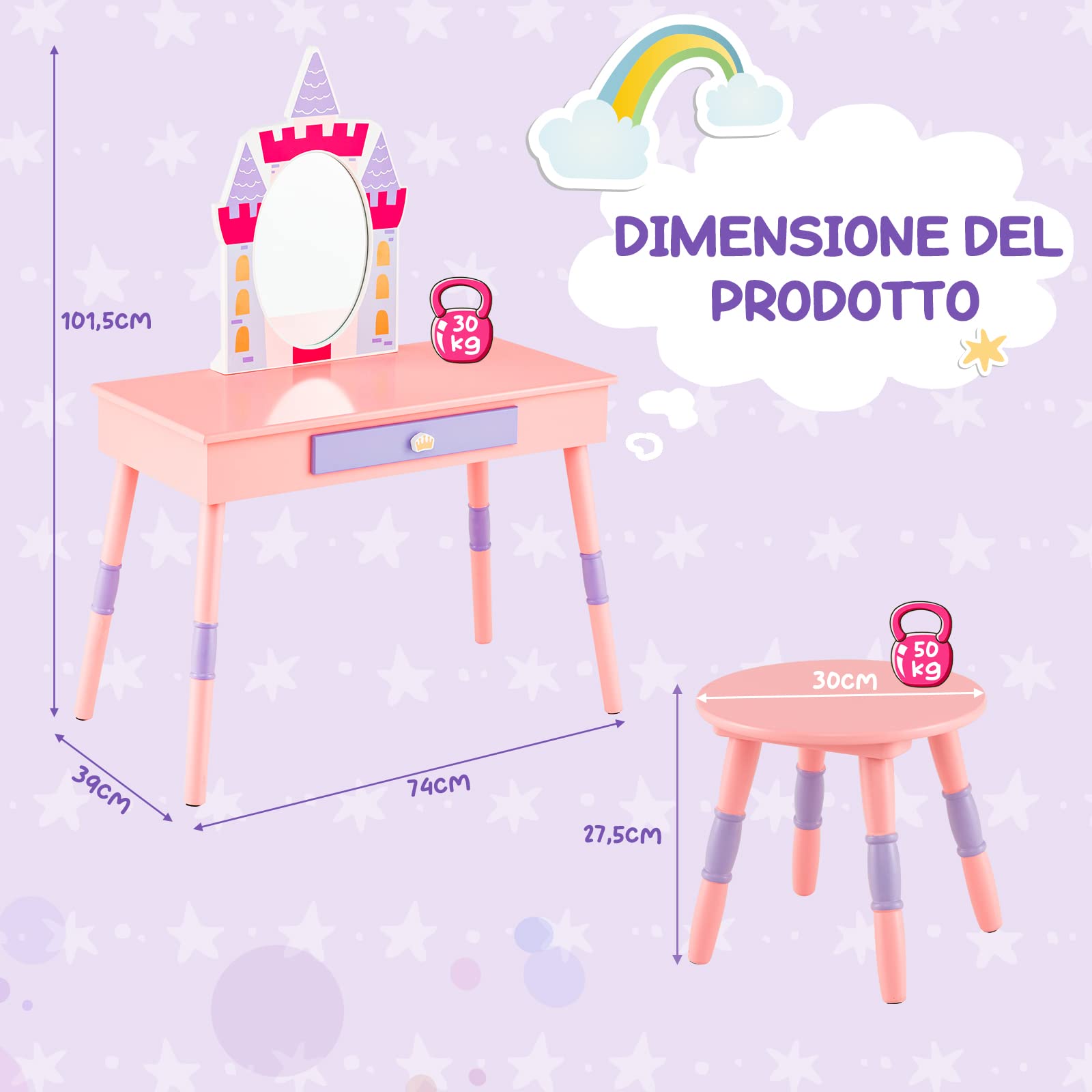 COSTWAY 2 in 1 Toeletta Trucco per Bambina 3+ Anni, Postazione Trucco per Ragazza in Legno con Sgabello e Cassetto e Accessori, 74 x 39 x 101 cm, Rosa