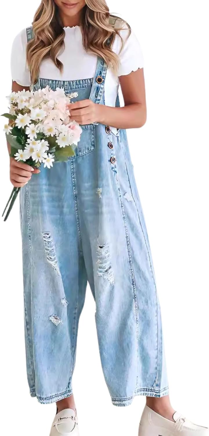 utcoco Women's Casual Adjustable Straps Denim Bib Overalls Distressed Ripped Wide Leg Jeans Long Pants Jumpsuits