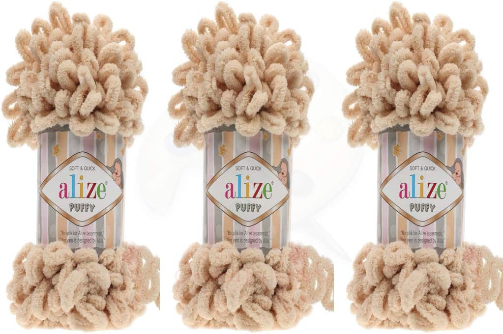 Alize Puffy Baby Blanket Lot of 3 - 300gr, 30yds, 100% Micropolyester Soft Yarn, Super Chunky Bulky Worested (Honey)