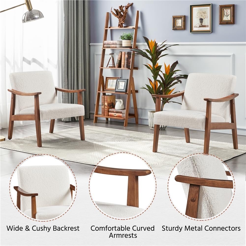 Yaheetech Butaca de Salón Tapizado en Bouclé Sillón Individual con Respaldo Acolchado y Reposabrazos de Madera Maciza Sofá Individual Ergonómico Soporte 136 kg Blanco
