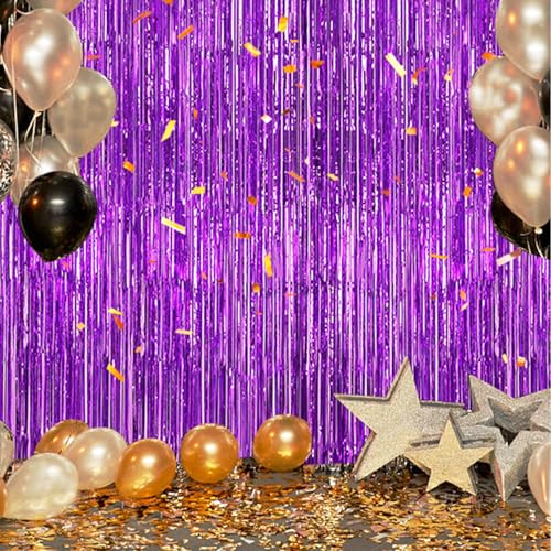 Image of DECOCKRAT 3 Pack Foil Fringe Backdrop - Purple Shiny Tinsel Curtains for Party Decoration /Photo Booth Props - 3.3x8.2 FT Metallic Foil Backdrop for Birthday, Wedding, Graduation, Christmas.