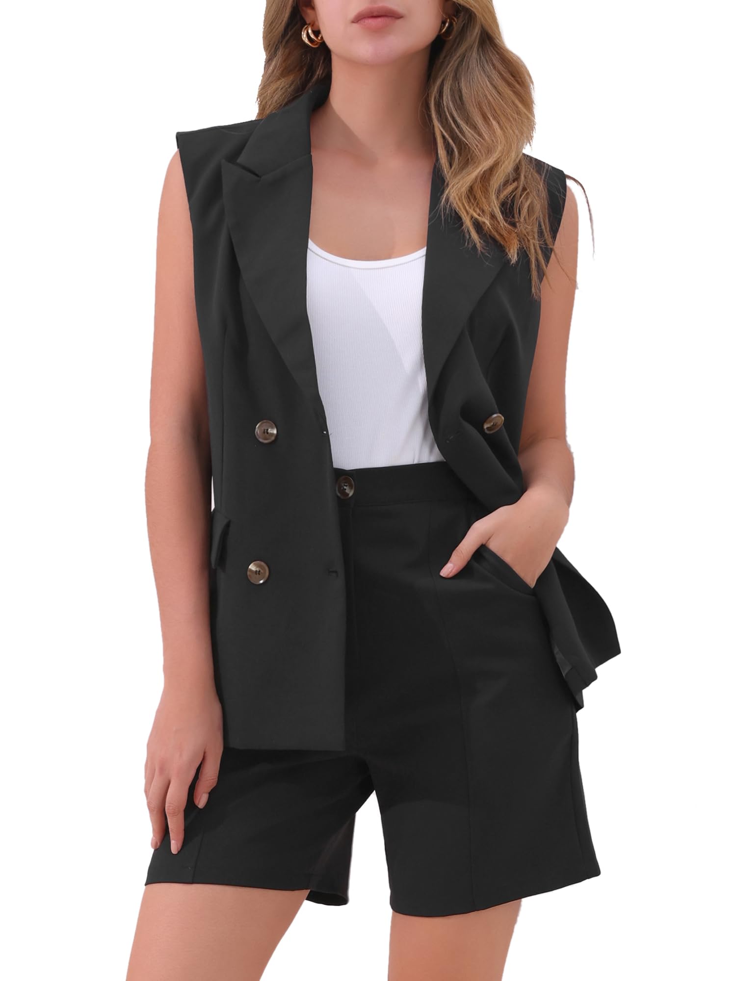 Allegra K Blazer Vest Shorts Suit Set for Womens Summer Sleeveless Blazer Shorts Business Casual 2 Piece Outfits