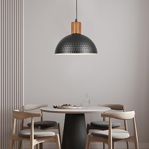 Miniatura 6 de Lámpara colgante de metal martillado de 12 pulgadas, lámpara colgante de techo negro y madera, lámpara colgante de cúpula de estilo industrial