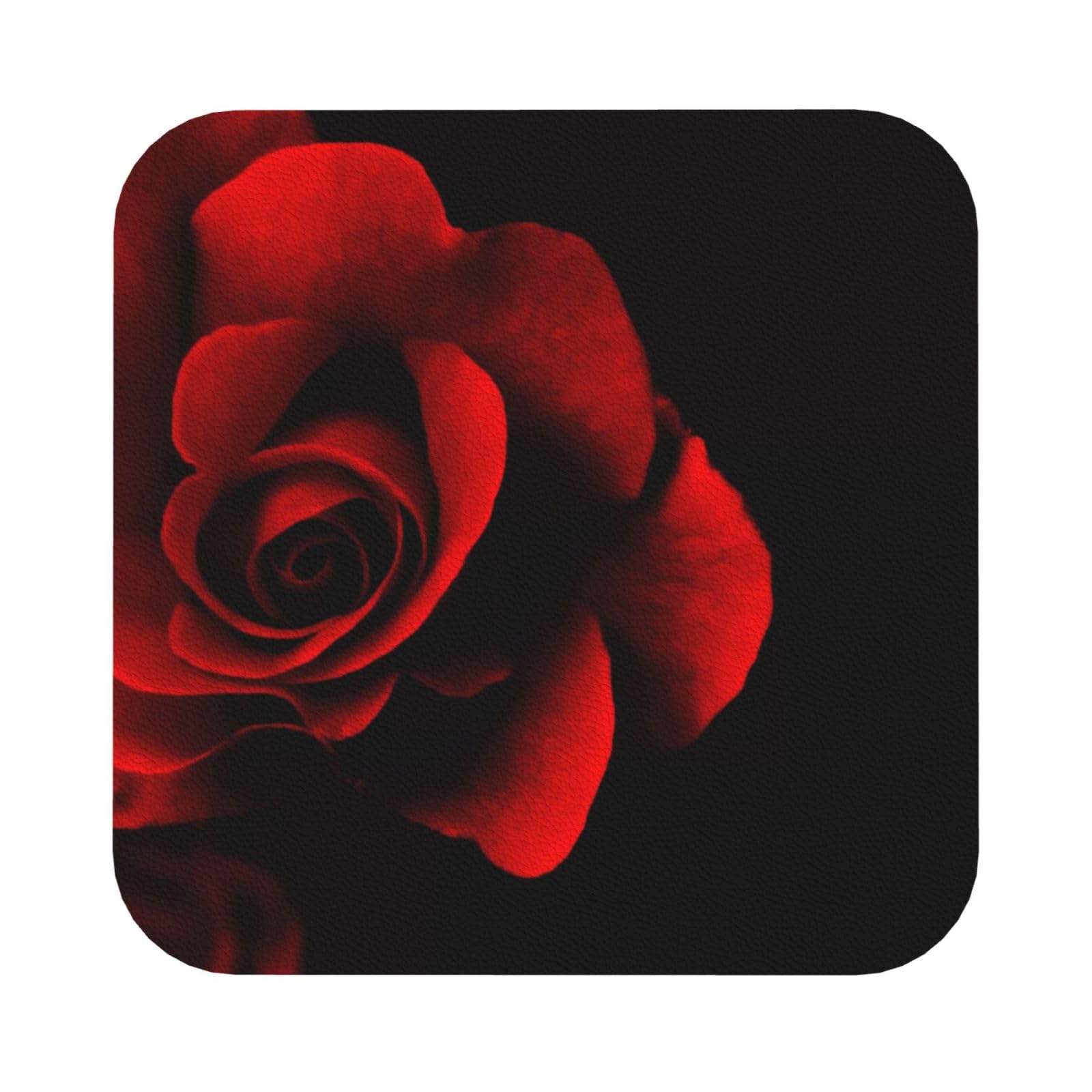 Red Rose PU Leather Coasters Set of 6 Square Drink Coasters